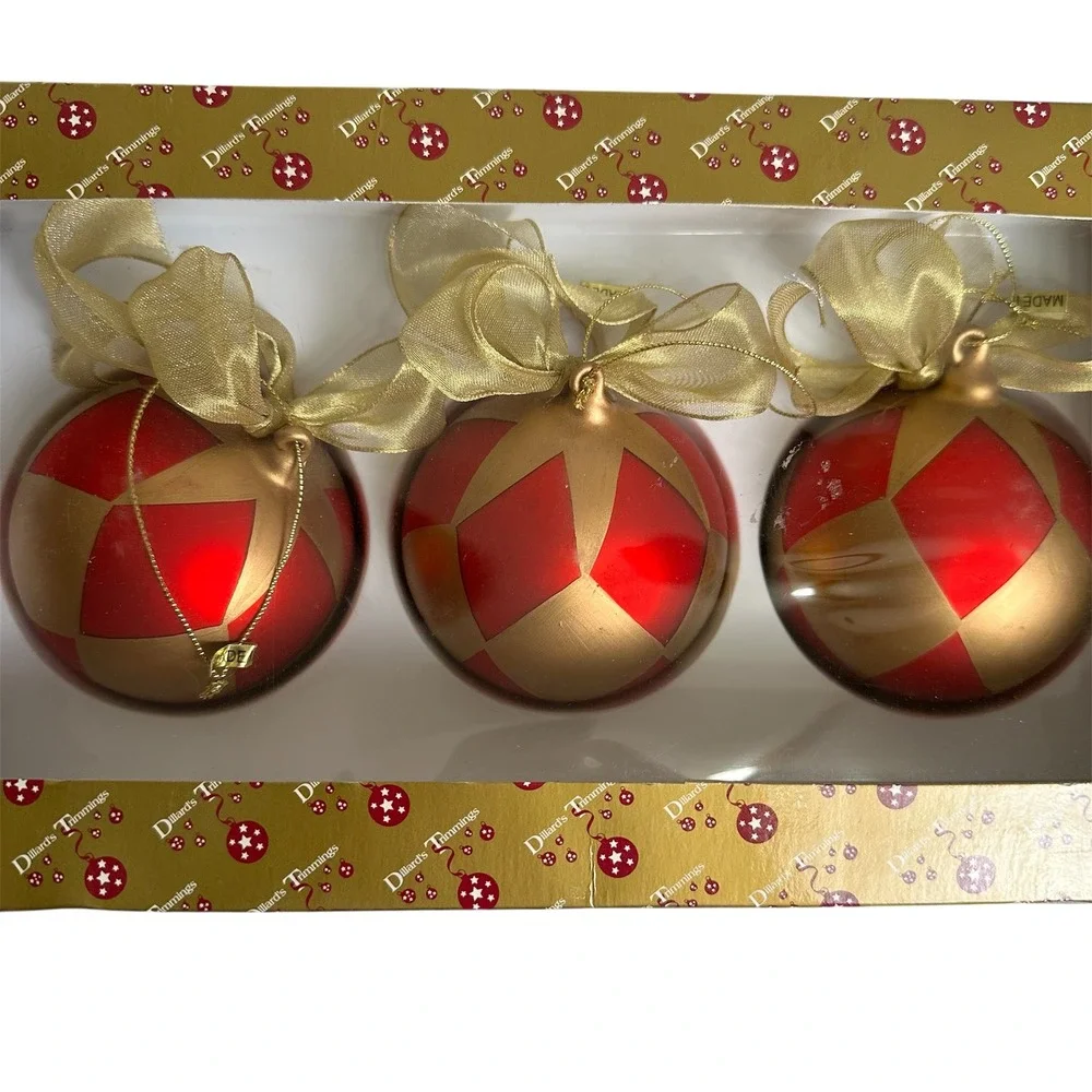 Vintage Dillards Trimmings Christmas‎ Tree Ornaments Red Gold Set of 3 in Box